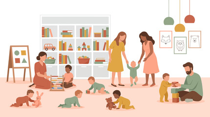 Fototapeta premium Diverse group of toddlers and caregivers playing in a well-equipped modern nursery with educational toys and books, representing childhood development and childcare service marketing