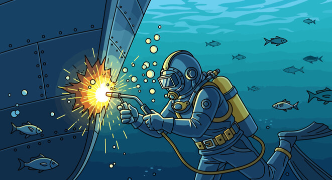 Commercial diver performing underwater welding repairs on a ship hull in the deep blue ocean.