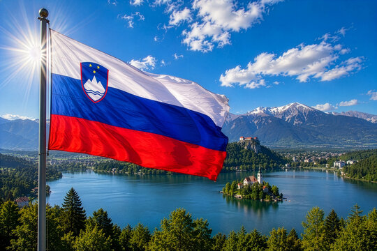 Slovenia Flag Over Lake Bled and Alpine Mountains AI Generated