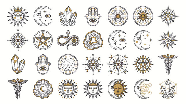 Collection of mystical celestial icons featuring sun moon hamsa hand crystals and zodiac signs in gold line art, symbolizing spiritual brand identity and illustrating esoteric astrology