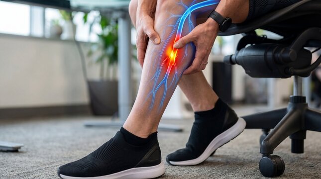 Woman suffering from leg pain with highlighted veins on lower extremity. Concept of deep vein thrombosis, phlebitis and circulatory issue in medical healthcare. Inflamed vessel symptom.