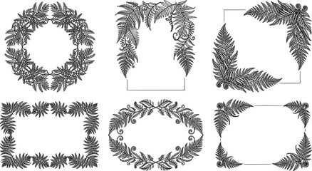 Set of hand drawn fern frames and wreaths, botanical vector illustration for wedding invitations, greeting cards and stationery transparent background © SampaRani