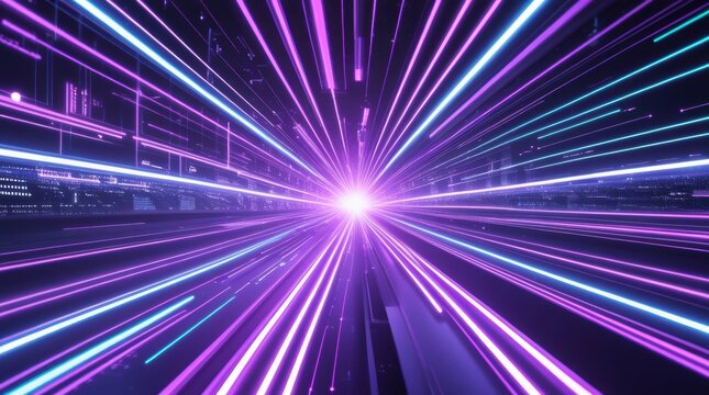 Abstract purple light speed lines moving fast in a dark space tunnel isolated on white background