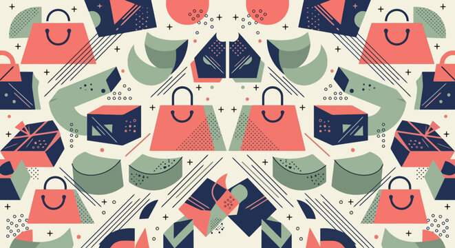 Abstract shopping pattern with gift boxes and bags in memphis style