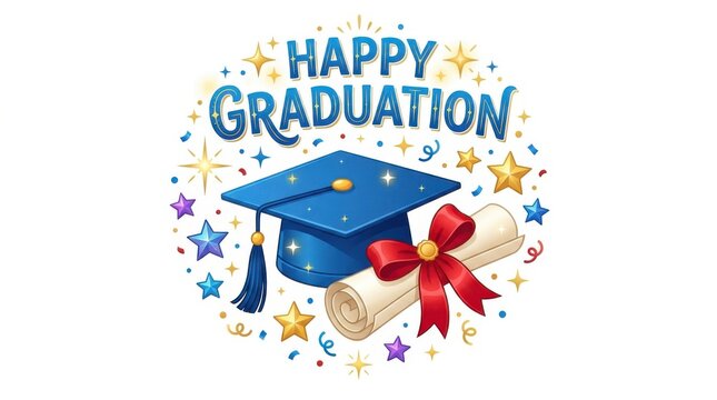 Graduation cap and diploma with Happy Graduation text