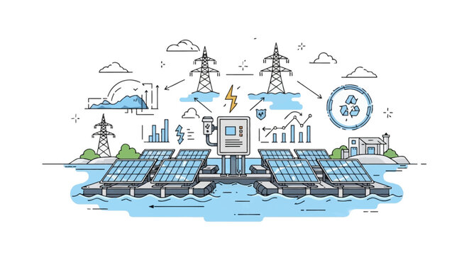 Flat vector illustration of a floating solar farm on water featuring photovoltaic panels, electrical transmission towers, data analytics charts, and renewable energy infrastructure.