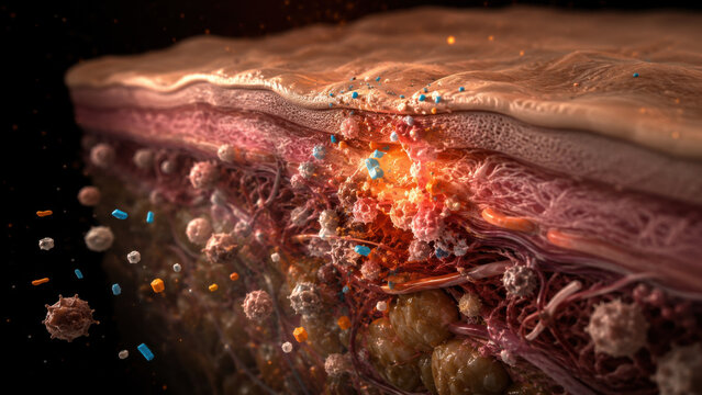 Cutaway visualization of particles embedded in human tissue cross section with inflammatory response, orange glow, dark background, scientific medical illustration showing cellular reaction
