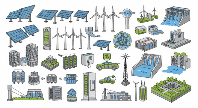 Isometric vector set of renewable energy infrastructure with solar panels, wind turbines, hydroelectric dams, electric car charging, and power grid battery storage components.