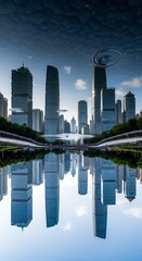 Fototapeta premium Futuristic Modern Skyline Reflected in Calm Urban Waterfront