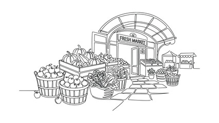 Obraz premium Line art illustration of a fresh market stall with fruit and vegetable baskets.