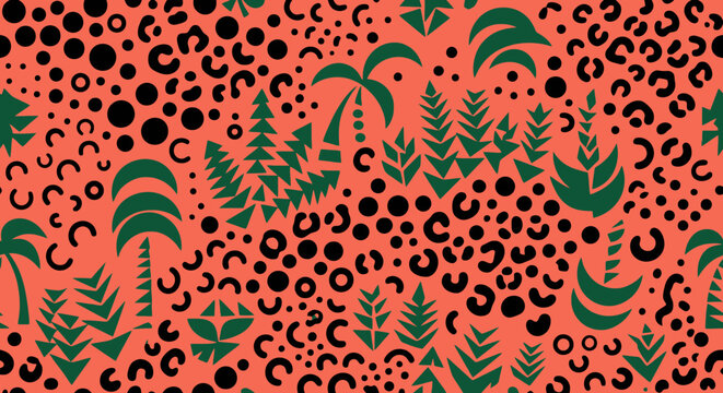 Vibrant coral abstract seamless pattern with green jungle foliage and black leopard spots
