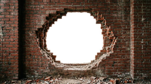 Damaged brick wall with round hole, destruction detail
