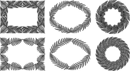 Set of hand drawn fern frames and wreaths, botanical vector illustration for wedding invitations, greeting cards and stationery transparent background © SampaRani
