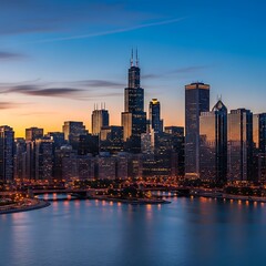 Naklejka premium Illuminated Modern City Skyline Rising Above Calm Waterfront at Sunset