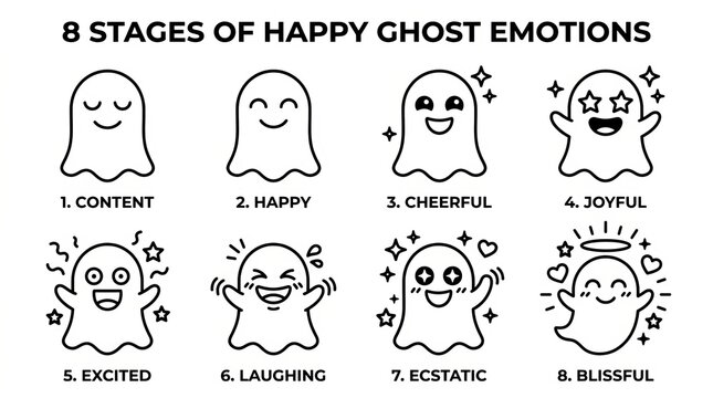 Illustration of a Happy Ghost Showing Eight Different Emotional Expressions.