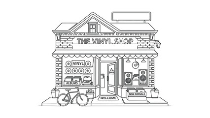 Obraz premium Hand drawn illustration of a vintage vinyl record shop exterior.