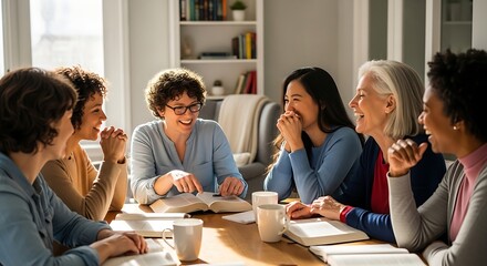 Obraz premium Diverse Women Laughing and Studying Together Around Wooden Table in Bright Home Interior