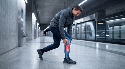 Fototapeta premium Man standing in subway station experiencing sudden leg pain. Injury concept with highlighted anatomy overlay. Medical condition and healthcare diagnostic visual for physical health issue.