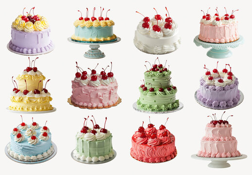 Colorful Cakes With Cherries Displayed Element Set
