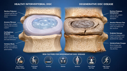 Medical comparison of healthy intervertebral disc versus degenerative disc disease cross section illustration showing nucleus dehydration annulus tear spinal anatomy