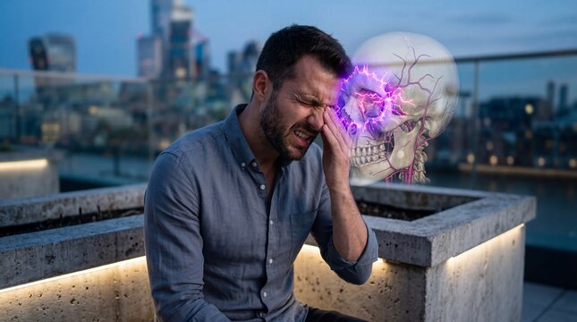 Man suffering from migraine headache touching temple with digital visualization of brain pain. Medical concept of cluster headache, stress or neurological disorder. Healthcare technology.