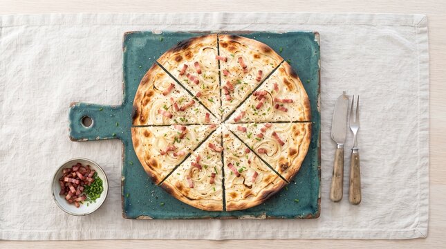 Alsatian tarte flambee flatbread flat lay food photography image
