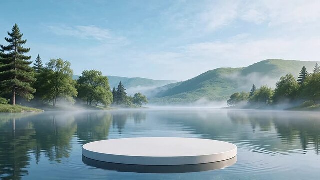Floating platform in serene lake landscape