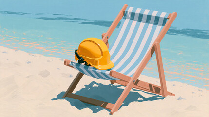 Fototapeta premium Yellow construction helmet sits on a striped wooden beach chair near the water.