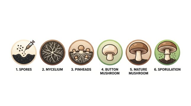 Six Circular Icons Representing Stages of Business Growth and Development.