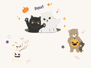 Fototapeta premium Cute Spooky Best Friends Halloween Clipart Set with Ghost, Cat, Bunny and Bear