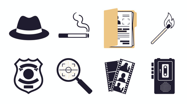 Classic Fedora Hat and Classified Manila Folder Grid Asset Sheet for Gritty Cyber Detective Neo-Noir Chronicles