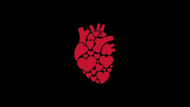 A symbolic representation of a heartbeat with a red heart shape composed of smaller hearts on a dark background.