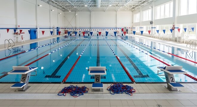 Bright Indoor Swimming Pool with Starting Blocks and Lane Dividers in Aquatic Center