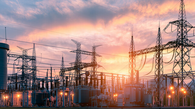 Industrial Energy Infrastructure and Power Network Engineering Concept Large-scale high voltage substation with electrical equipment, transmission towers and interconnected power g