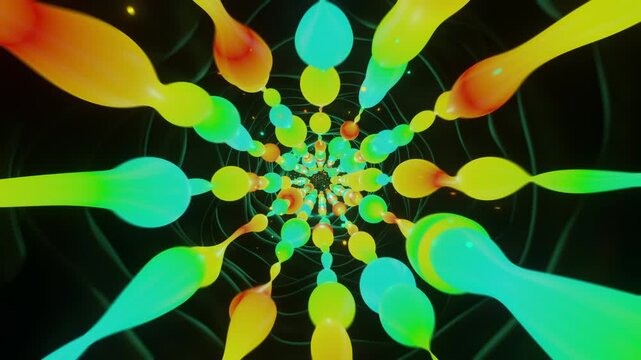 Hypnotic seamless loop of a futuristic organic tunnel. Abstract digital vortex made of twisting biomorphic shapes, liquid drop structures and floating particles, creating deep micro world perspective