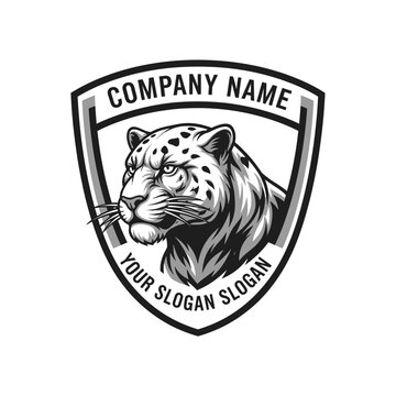 Leopard Head Logo Emblem - Company Name and Slogan Badge - Monochrome