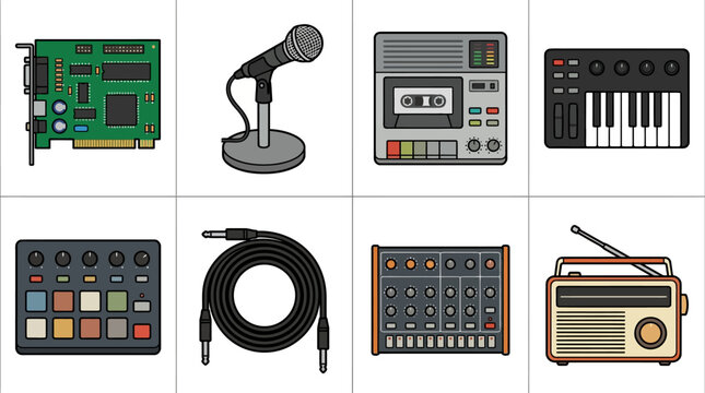 8-Bit Sound Card and Portable Cassette Deck Grid Asset Sheet for Vintage Chiptune Lo-Fi Music Production Guides