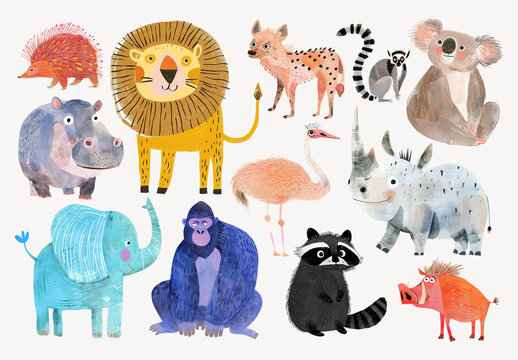 Colorful Whimsical Animal Illustrations Element Set