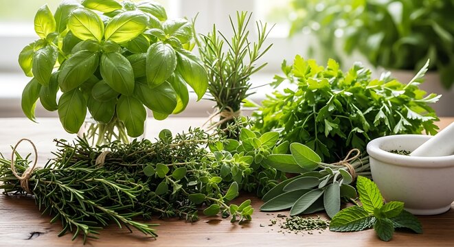 Fresh Green Culinary Herbs Arranged on Wooden Table in Bright Kitchen