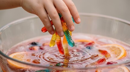 Obraz premium Child hand holding colorful gummy worms over a fruit punch bowl for a fun Halloween party celebration or kids birthday event with citrus slices and sweet candy treats