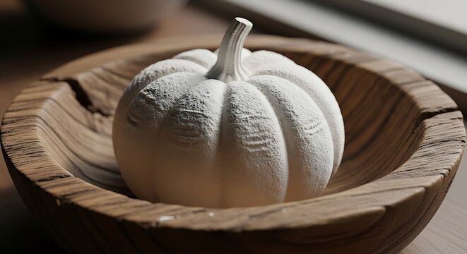 White Decorative Pumpkin Resting in Rustic Wooden Bowl on Table