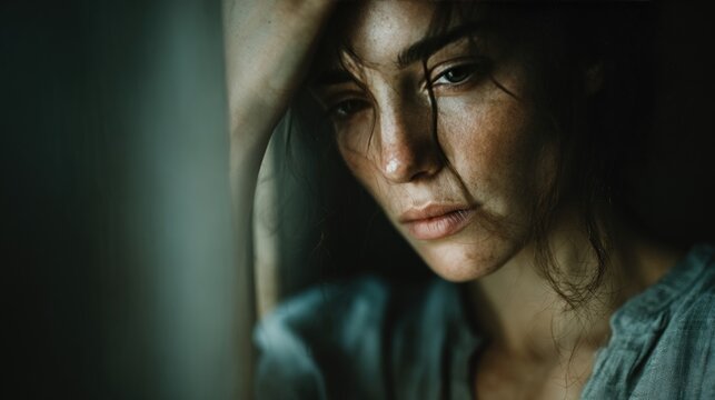 Sad young woman with freckles looking at camera with a depressed expression in moody light