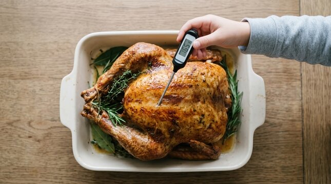 Roasted chicken in baking dish with digital thermometer checking internal temperature for food safety during home cooking preparation for holiday dinner