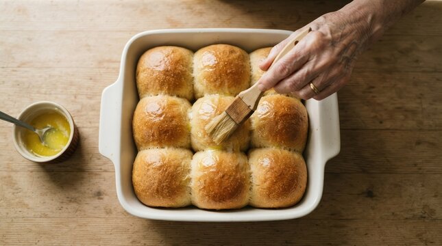 Senior woman brushing melted butter on fresh homemade dinner rolls in a square ceramic baking dish on a rustic wooden kitchen table for a holiday family meal