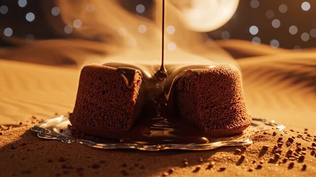 Two chocolate cakes on a plate with chocolate syrup being poured on top in a desert scene