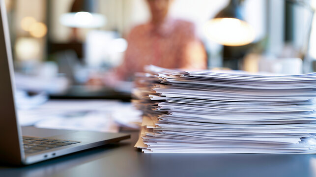Office Administration Workload with Documents and Digital Records Processing Large stack of printed documents beside a laptop on a modern office desk, representing administrative t