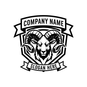 Ram Head Logo Emblem with Company Name and Slogan Banner