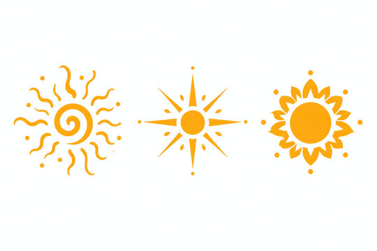 Set of three minimalist yellow sun icons with distinct radiant patterns. Conceptual vector illustrations for summer, sunny weather, meteorology, and simple design themes.