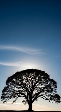 Silhouetted Broad Canopy Tree Standing Against Blue Sunset Sky