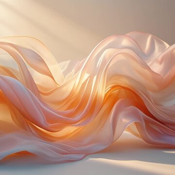 Translucent silk organza layers float in bright minimalist studio with soft iridescent gradients, warm sunlight and flowing sheer textures, creating elegant luxury fashion background.
